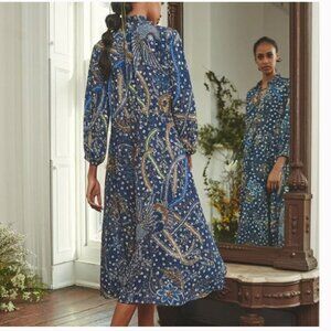 Cara Cara Tanglewood Dress Batik Blue Midi Cinch Waist Tassels Sz S